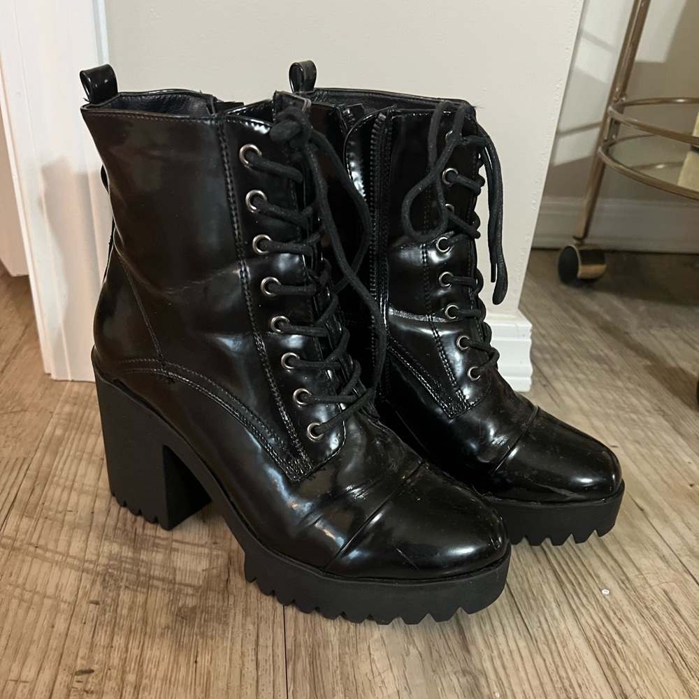 Black Latex Chunky Heel Lace-Up Combat Boots